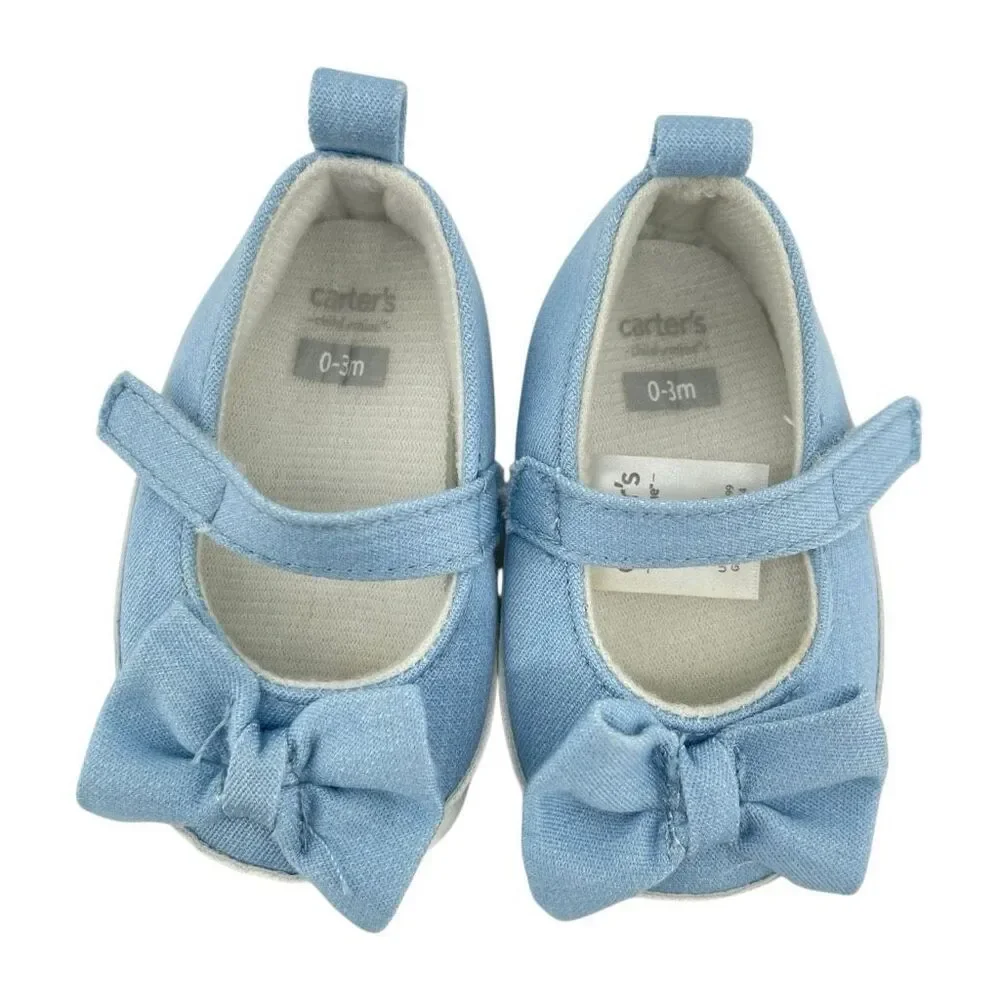 Carter’s Baby Girl Blue Bow Mary Jane Crib Shoes Soft Sole Newborn 0-3M